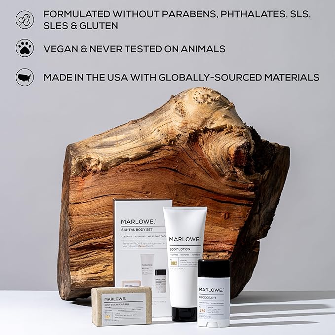 MARLOWE. Men's Grooming Santal Body Set, Features No. 102 Scrub Soap Bar, No. 024 Deodorant & No. 002 Body Lotion, Warm Amber, Sandalwood & Citron Scent