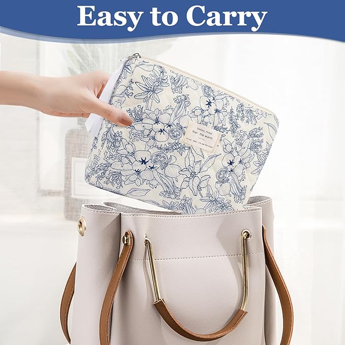 Floral Makeup Bag, Small Cosmetic Bag for Women Girls, Cute Cotton Makeup Bag, Quilted Makeup Bags, Flower Travel Toiletry Organizer Bag(Navy Blue)