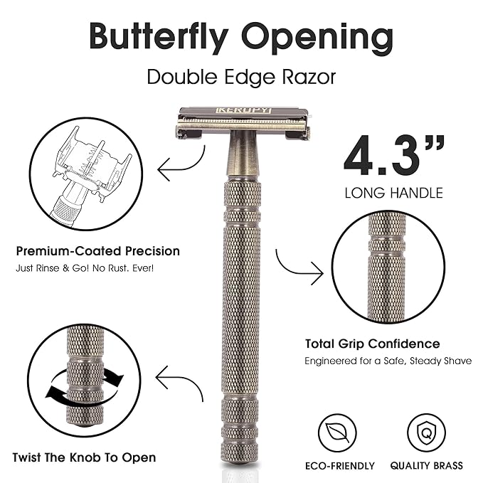 Premium Brass Double Edge Safety Razor Kit - Luxury Christmas Gifts for Him, Dad, Boyfriend - Heavy, Anti-Rusted Shaver, Perfect Holiday Stocking Stuffer for a Classic Wet Shave - Bronze