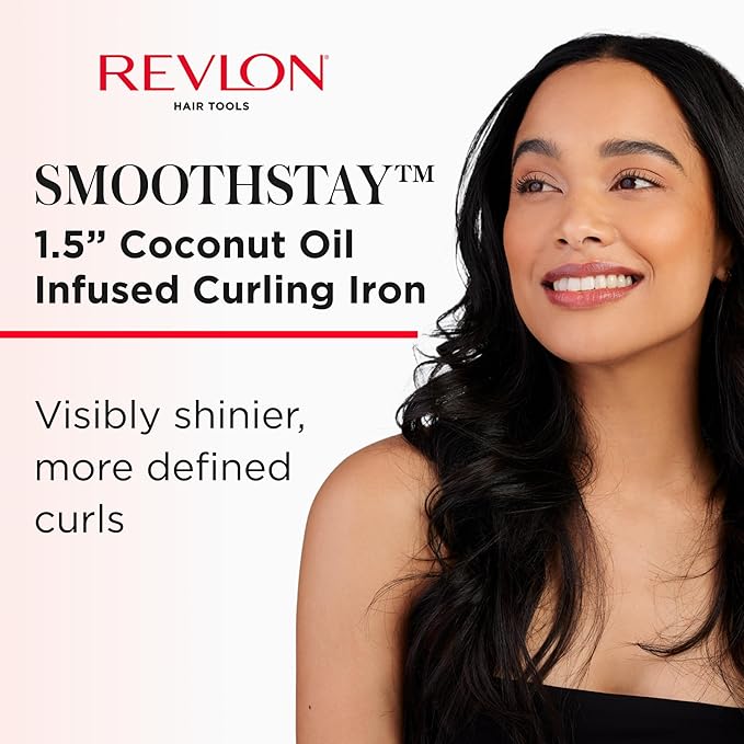 REVLON SmoothStay Coconut Oil Infused Hair Curling Iron - Barrel Curling Iron 1 ½ Inch for Loose Curls, Shinier, Visibly Smoother Hair (1 ½ in)