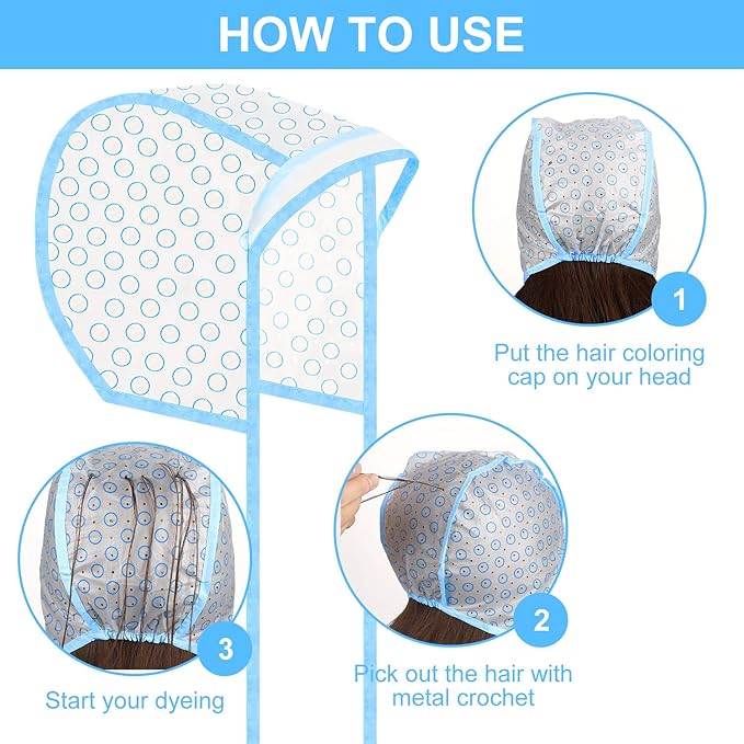 3 Sets Hair Coloring Kit, Includes PVC Hair Coloring Caps with Styling Tools, Disposable Dye Shawl, Gloves, Brushes for Dyeing(Blue)