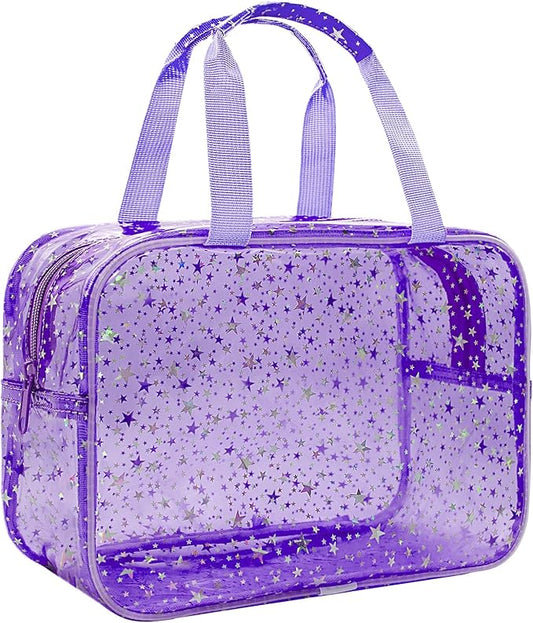 Clear Purple Star Large Makeup Bag with Star Pattern 12x5x8 inch, Travel Cosmetic Bag with Handle, Durable PVC Material Washbag Zipper Opening Design for Makeup Travel Organizer or Gym Use