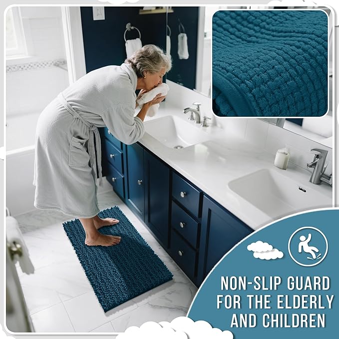 Yimobra Bathroom Rugs Non Slip Washable - Ultra Soft Absorbent Chenille Bath Mat, Quick Dry Shaggy Floor Carpet for Tub Shower, Rustic Turquoise Home Decor Accessories, 24x17 Inch