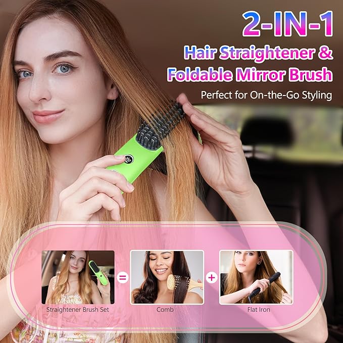 LCD Screen Cordless Hair Straightener Curler 2 in 1, Portable Mini Hair Straightening Brush for Travel Negative Ionic Fast Heating Hot Comb for Women, Folding Brush with Mirror, Green