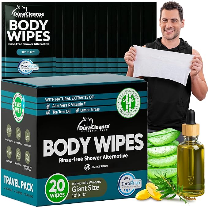 Travel Body Wipes for Men - 20 XL Shower Wipes for Adults Bathing No Rinse - Individually Wrapped 10”x10” Disposable Washcloths, Face Towels, Gym Mens Deodorant Sheets, Camping Essentials & Must Haves