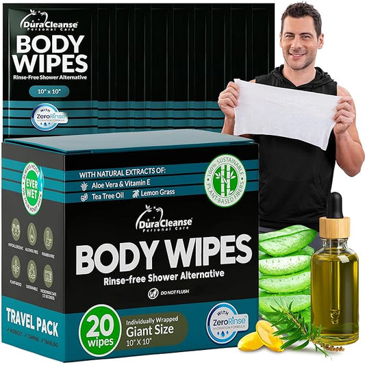 Travel Body Wipes for Men - 20 XL Shower Wipes for Adults Bathing No Rinse - Individually Wrapped 10”x10” Disposable Washcloths, Face Towels, Gym Mens Deodorant Sheets, Camping Essentials & Must Haves