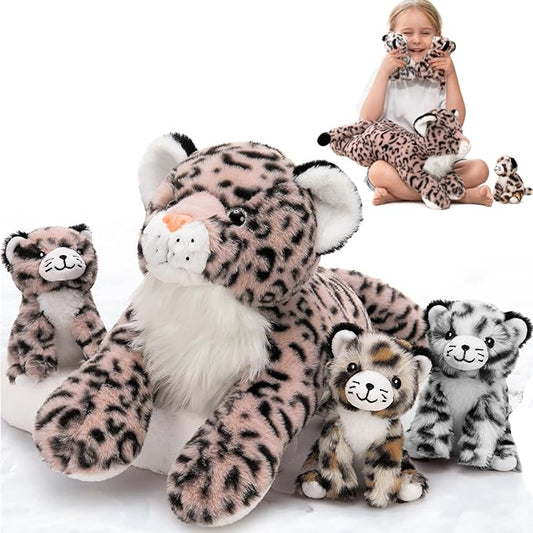 MorisMos Pink Cheetah Stuffed Animal with Babies,18" Large Mommy Leopard with Cub Plushies,Mama & Baby Leopard Stuffed Animals Set,Realistic Cheetah Toys Gift for Girl Kid Birthday Jungle Party Decor