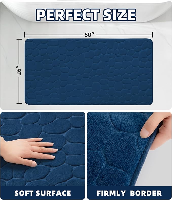 YIHOUSE Memory Foam Runner Rug, Cobblestone Bathroom Runner Rugs Super Water Absorbent Bath Mats for Bathroom Machine Washable Bath Rugs for Hallway Bedroom Laundry Room(26 x 50,Dark Blue)
