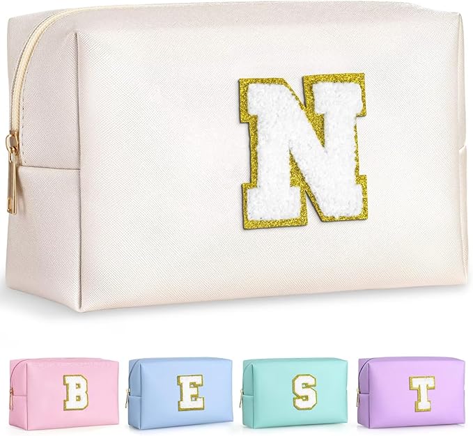 TOPEAST Preppy Stuff Cute Makeup Bag Small Cosmetic Bag Travel Toiletry Bag, Personalized Birthday Wedding Gifts for Mom Teacher Friends Bridesmaids, Preppy Travel Stuff for Girls (White N)