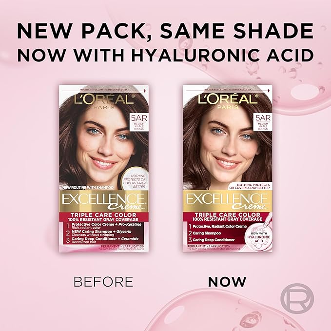 L'Oreal Paris Excellence Crème Permanent Hair Dye, Triple Care Hair Color with Pro-Keratine Complex for 100% Gray Hair Coverage, 5AR Medium Maple Brown, 1 Kit (Pack of 2)