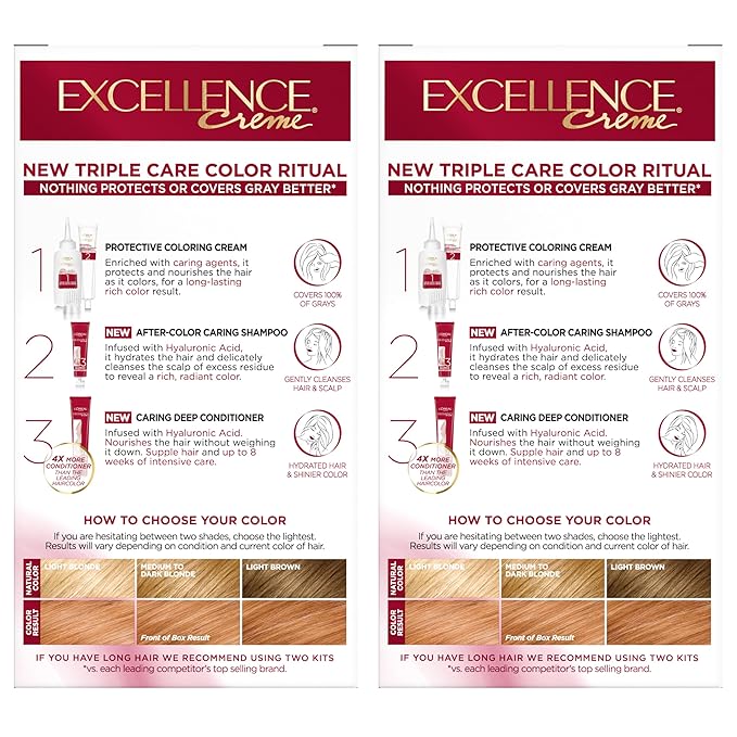 L'Oreal Paris Excellence Crème Permanent Hair Dye, Triple Care Hair Color with Pro-Keratine Complex for 100% Gray Hair Coverage, 8RB Reddish Blonde, 1 Kit (Pack of 2)