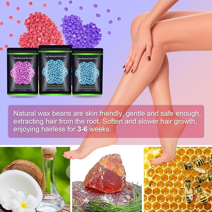 Wax Beads for Hair Removal 10.5oz (300g), Auperwel Hard Wax Beads Beans for Sensitive Skin Brazilian Waxing, Face, Bikini, Eyebrow, Legs, Painless for Women Men, 3 packs Kit with 10 Sticks