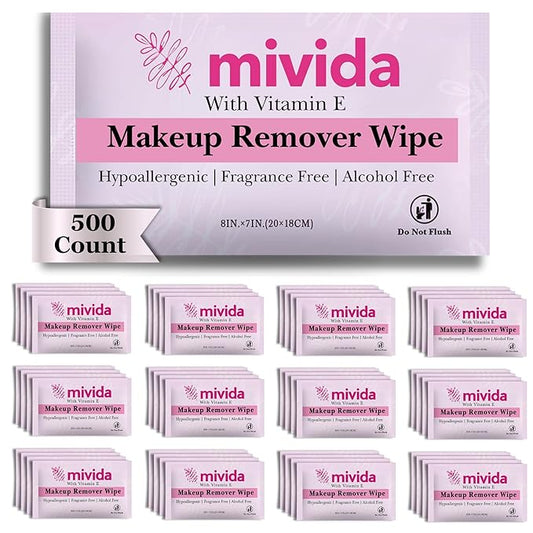 mivida 500 Count Bulk Individually Wrapped Makeup Remover Wipes with Vitamin E | Hypoallergenic, Fragrance-Free, Alcohol-Free makeup wipes | Bulk single make up removing wipes