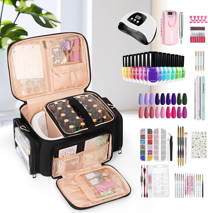 Nail Polish Organizer, Nail Polish Storage Holds 42+ Bottles & Nail Lamp, Portable Travel Nail Kit Storage Carrying Case Fits Nail Suppiles, Gift for Manicurist, Grils - Black