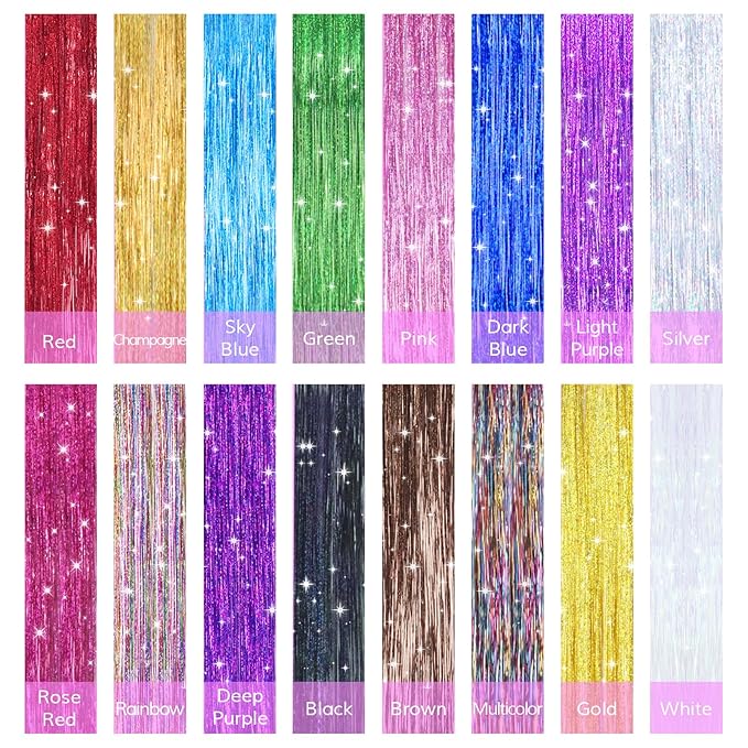 IDN BEAUTY 16 Colors Hair Tinsel Kit, 48 Inches Hair Extensions, Tinsel for Christmas Halloween Cosplay Party, Highlights Sparkling Hair for Girls Women Kids