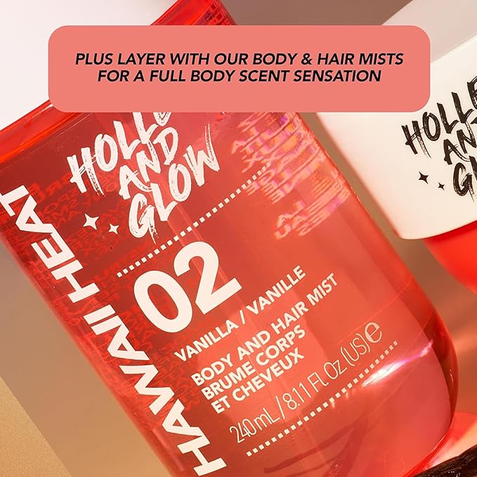 Holler and Glow Hawaii Heat Body & Hair Mist, Warm Vanilla, Peony & Amber Scent, Long-Lasting Daily Fragrance, Lightweight, Vegan, Cruelty-Free, Alcohol-Free, Hydrating Hair Perfume, 8.11 Fl Oz