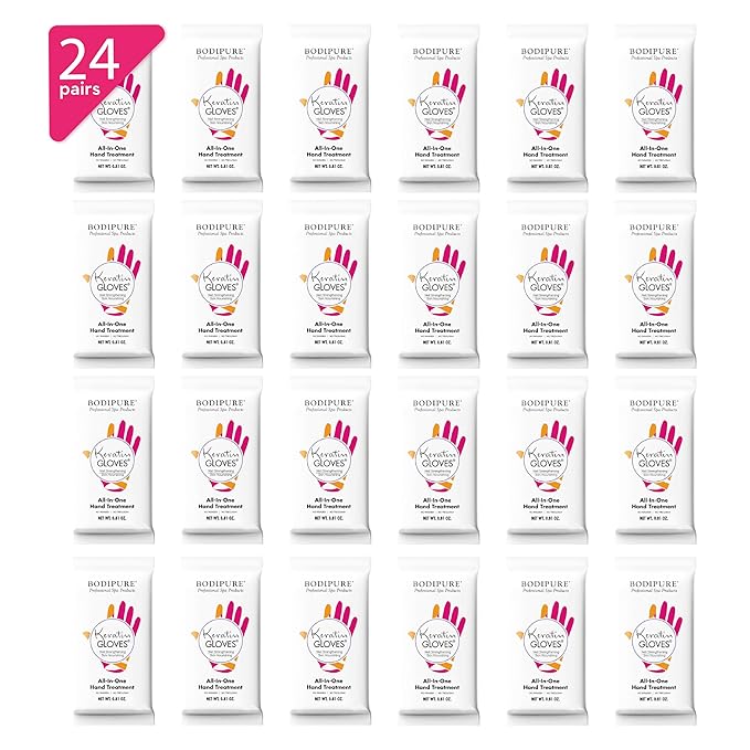 Bodipure All-In-1 Moisturizing Hand Mask Gloves – Keratin & Vitamin E Treatment for Dry Cracked Hands, Deep Hydration Repair Gloves, Strengthen Nails & Soften Cuticles, Spa Hand Care 24 Pairs