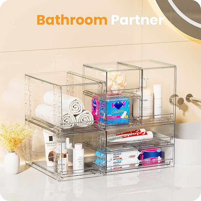A-LuGei 【𝟰𝗣𝗖𝗦】 Acrylic Stackable Storage Drawers, 11.8" W Makeup Organizer, Bathroom Organizer and Storage, Plastic Storage Bins for Kitchen Cabinet Pantry Medicine Fridge