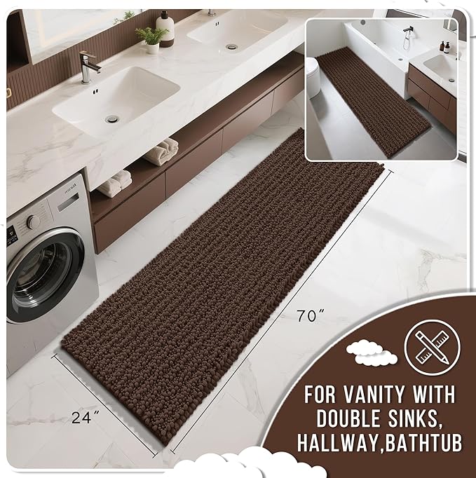 Yimobra Bathroom Runner Rug 70x24 Inch - Extra Long Non Slip Chenille Bath Mat, Soft & Absorbent, Machine Washable Shaggy Hallway Carpet for Vanity Tub Shower, Brown Home Decor Accessories