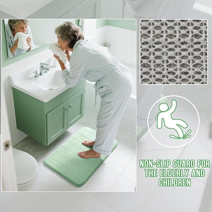 Yimobra Memory Foam Bath Mat, Super Soft Absorbent Bathroom Rug Non Slip, Quick Dry, Machine Washable Floor Carpet for Tub Shower, Home Decor Accessories, 24x17, Pale Green