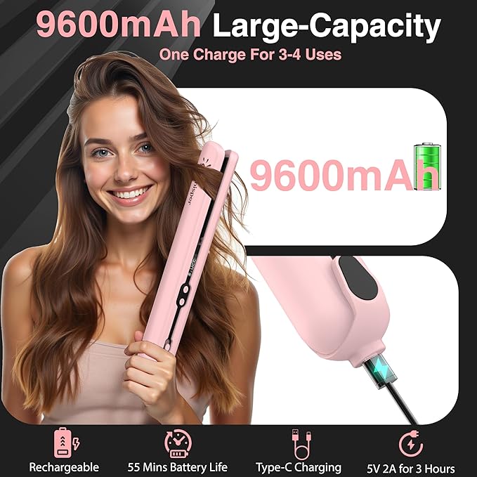 9600mAh Cordless Flat Iron Hair Straightener Rechargeable, Cordless Hair Straighteners for Women, Wireless Straightener for Car, 20 Million Negative Ions, LCD, 6 Adjustable Temp(Pink)