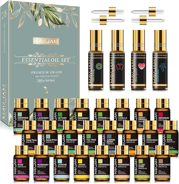 MAYJAM Top 28 Essential Oil Set for Diffuser Massage, 24x5ml Essential Oil Singles, 4x10ml Essential Oil Blends for Home Office Yoga