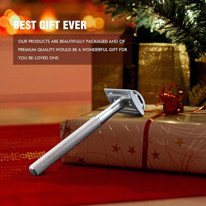 KINGHOOD Safety Razor Single Blade for Men with 10 Double Edge Blades Metal Reusable Eco Friendly Razors Silver