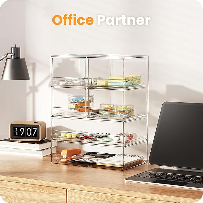 A-LuGei 【𝟰𝗣𝗖𝗦】 Acrylic Stackable Storage Drawers, 11.8" W Makeup Organizer, Bathroom Organizer and Storage, Plastic Storage Bins for Kitchen Cabinet Pantry Medicine Fridge