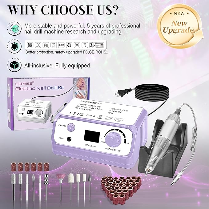 Nail Drill 45000RPM Electric Nail File Drill Nails Machine - Professional Nails Drill with Sanding Bands and Nail Drill Bits for Acrylic, Gel Nail Manicure & Pedicure, Palepurple