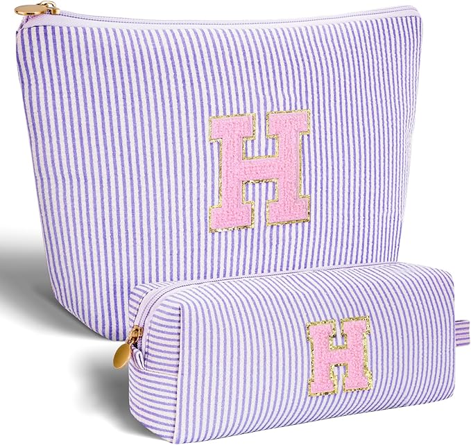 Monogrammed Gifts for Women - Cosmetic Bag for Teen,Initial Cute Makeup Bag Set for Women,Trendy Pouch for Niece Sister Friend Female Her,Birthday Gifts for Daughter - Lavender,H