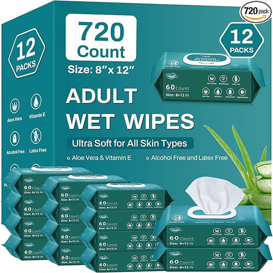 720 Count (12 Packs of 60) Wipes for Adults, 8" x 12" Extra Large for Incontinence & Cleansing, Disposable Body Shower & Bath Wipes for Elderly Bathing No-Rinse - Vitamin E & Aloe