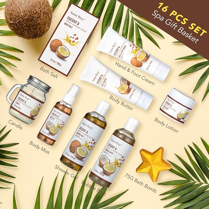 Spa Gift Basket Luxury Bath and Body Basket Set 17-Piece Coconut Honey Almond Christmas Gifts for Women Mom Her Large Luxury Home Spa Kit, Relaxing Self Care Pamper Gifts Birthday Bridal Shower Bath
