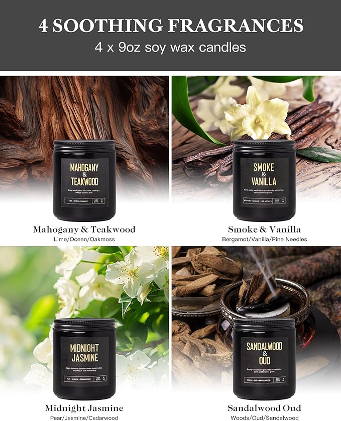 Crackling Wood Wick Candles for Men: 4 Pack 36oz Soy Scented Candles for Home Scented, Up to 200H Burning, Masculine Mens Candle Set, Aromatherapy Candle Gift Set for Fathers Birthday Christmas Gifts