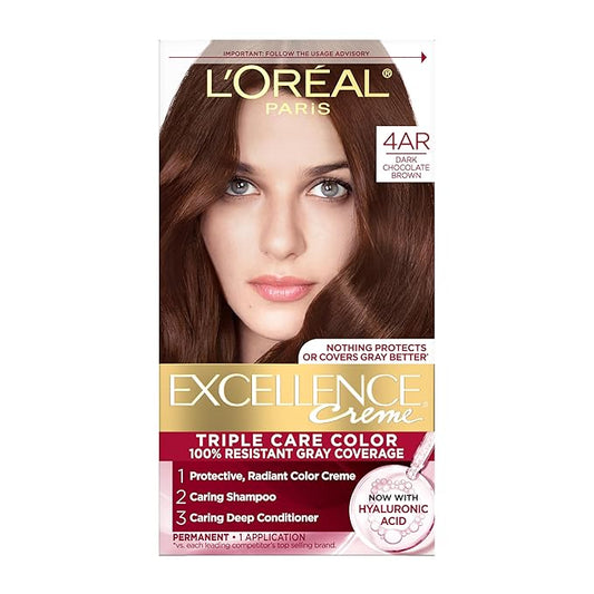 L'Oreal Paris Excellence Crème Permanent Hair Dye, Triple Care Hair Color with Pro-Keratine Complex for 100% Gray Hair Coverage, 4AR Dark Chocolate Brown, 1 Kit