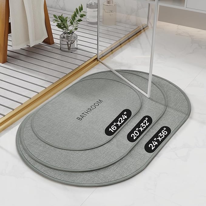 Non-Slip Bath Mat with Upgraded Rubber-Backing, Washable Thin Bath Mats for Bathroom Floor, Absorbent Woven Bathroom Rugs, Quick Dry, Fits Under Door, 24x36, Grey