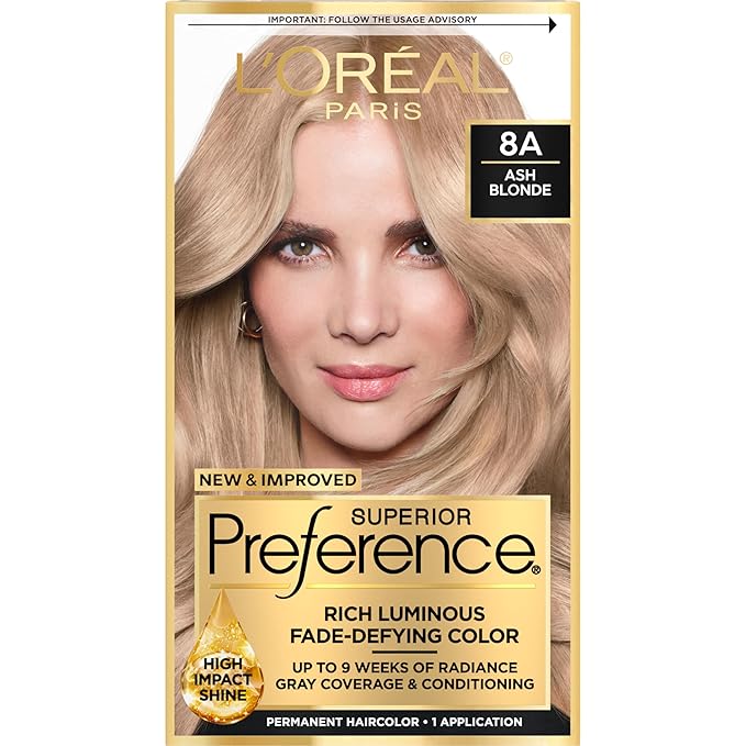 L'Oreal Paris Superior Preference Luminous Fade-Defying Permanent Hair Color, Hair Dye For Up to 9 Weeks of Radiance, Ash Blonde 8A, 1 Hair Dye Kit