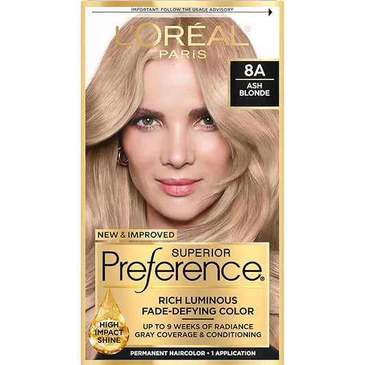 L'Oreal Paris Superior Preference Luminous Fade-Defying Permanent Hair Color, Hair Dye For Up to 9 Weeks of Radiance, Ash Blonde 8A, 1 Hair Dye Kit