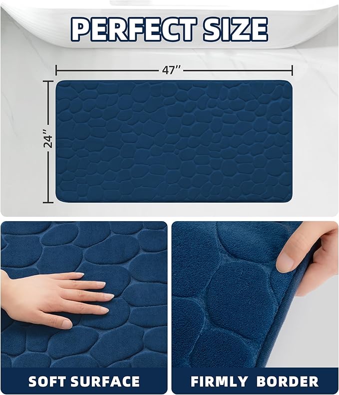 YIHOUSE Memory Foam Runner Rug, Cobblestone Bathroom Runner Rugs Super Water Absorbent Bath Mats for Bathroom Machine Washable Bath Rugs for Hallway Bedroom Laundry Room(24 x 47,Dark Blue)