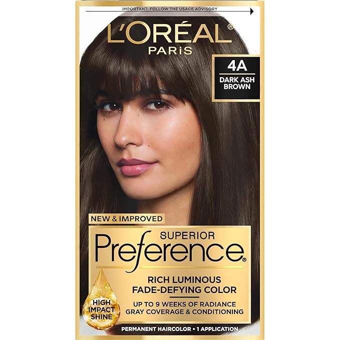 L'Oreal Paris Superior Preference Luminous Fade-Defying Permanent Hair Color, Hair Dye For Up to 9 Weeks of Radiance, Dark Ash Brown 4A, 1 Hair Dye Kit