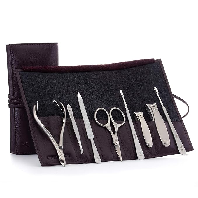GERMANIKURE 8pc Manicure & Pedicure Set in Dark Purple Leather Case - Made in Germany, FINOX Stainless Steel Tools – Professional Cuticle and Nail Care Kit
