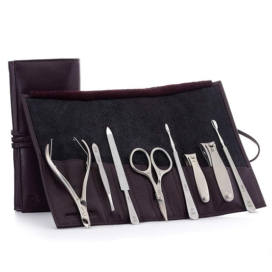 GERMANIKURE 8pc Manicure & Pedicure Set in Dark Purple Leather Case - Made in Germany, FINOX Stainless Steel Tools – Professional Cuticle and Nail Care Kit