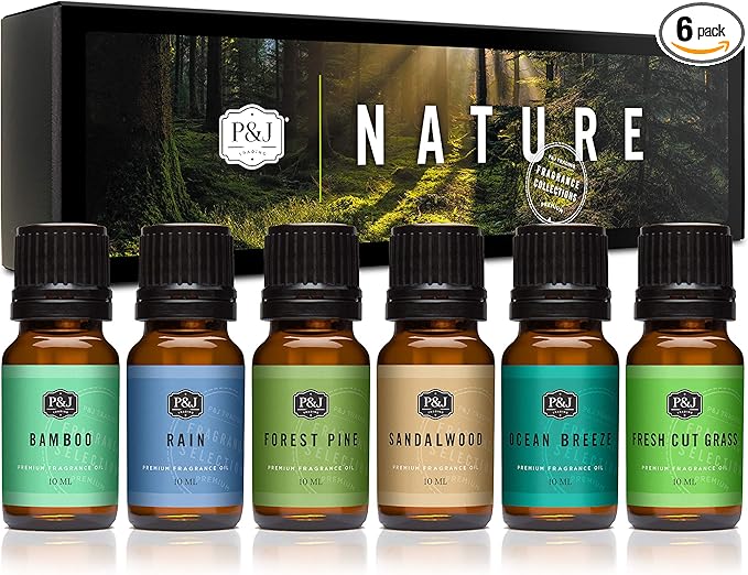 P&J Fragrance Oil Nature Set | Forest Pine, Ocean Breeze, Rain, Fresh Cut Grass, Sandalwood, and Bamboo Candle Scents for Candle Making, Freshie Scents, Soap Making Supplies, Diffuser Oil