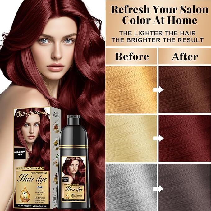 Hair Dye Shampoo 3-in-1 Vegan Color for Gray Hair - Ammonia-Free for Men & Women – Beard & Hair Coloring – Instant Gray Coverage Champú Para Canas Mujer & Hombre (BURGUNDY WINE RED)