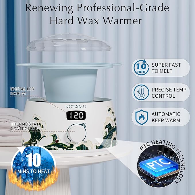 KOTAMU Waxing Kit for Women & Men, Wax Warmer for Hair Removal, Digital Wax Kit with Silicone Pot，Ideal for Face Eyebrow Arm Legs Armpit &Sensitive Skin, Wavi Waxing Machine for Home Salon Use