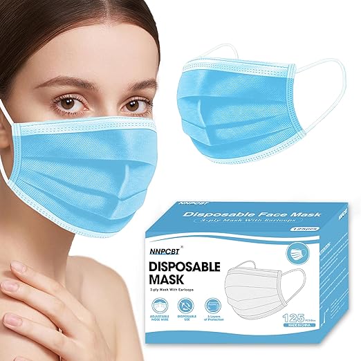 NNPCBT Blue Disposable Face Masks 125 Pack,3-Ply Breathable Mask For Adults,Great For Outdoors,Home, Office, School