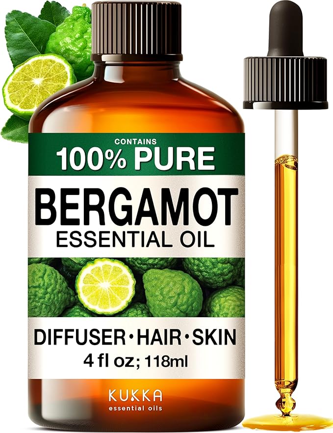 KUKKA Bergamot Essential Oils - 4 Fl Oz - for Hair, Skin, Diffuser, Aromatherapy & DIY Soap Making Scent