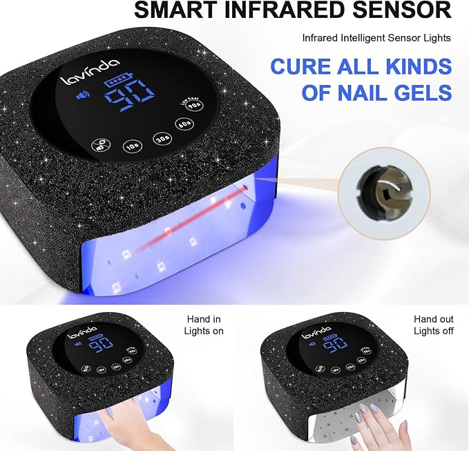 Lavinda 54W UV Nail Lamp, UV Light for Gel Nails, Cordless Rechargeable UV LED Nail Lamp Nail Light with 4 Timer and LCD Display, Professional Fast Curing Lamp Nail Dryer with Black Rhinestone