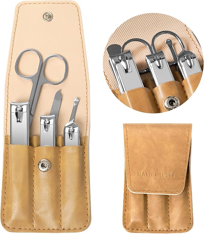 Premium Stainless Steel Nail Clippers Set - Travel Grooming Kit, 6pc Manicure/Pedicure Tools with PU Case - Unisex Gift for Men and Women(D-Khaki)
