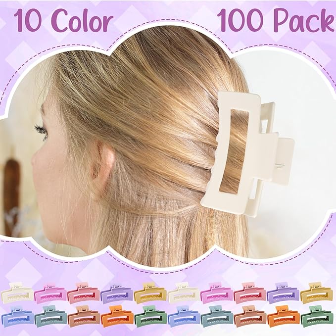 XunYee 100 Pcs Hair Claw Clips Bulk Large Square Jaw Headwear Clips Set for Women Nonslip Rectangle Hair Accessories Clip for Girl Women Gifts Beauty(3.4'',Frosted Color)