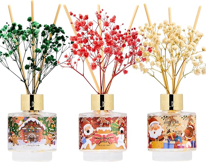 Airkeep Reed Diffuser Set of 3,Balsam & Cedar Balsam & Fir Christmas Spice Oil Reed Diffusers for Bedroom Living Room Office Aromatherapy Oil Reed Diffuser for Gift 50ml x 3